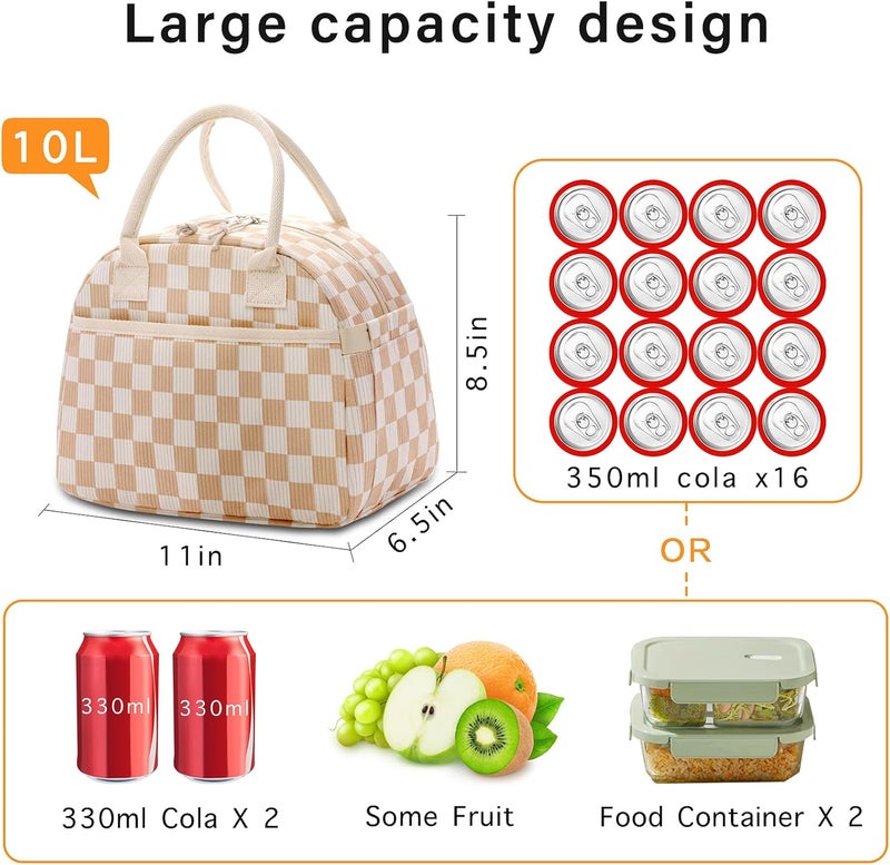 Carry bloom Lunch Box for Women, Insulated Lunch Bag Cute Corduroy Lunchbag Reusable Lunchbox for Work (checkered brown white) - Image 5